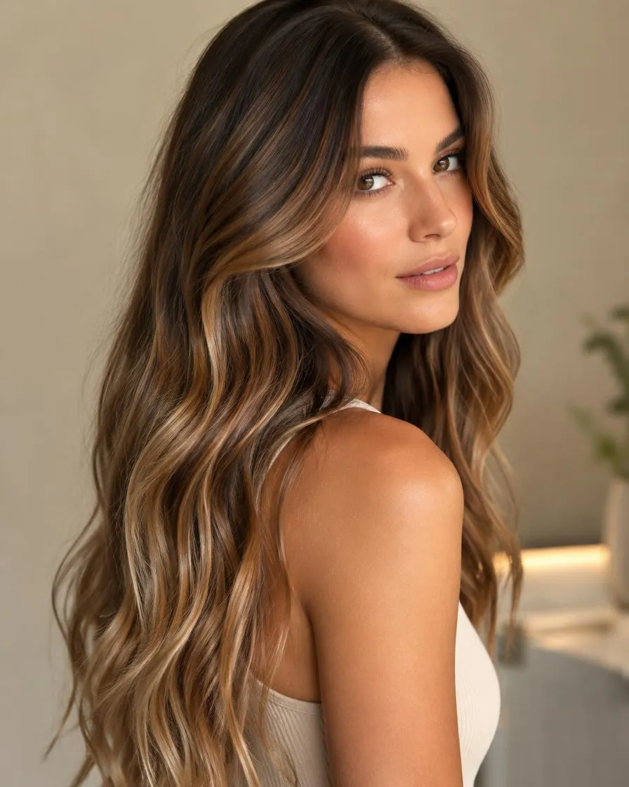 Brown balayage hair extensions, AI illustration