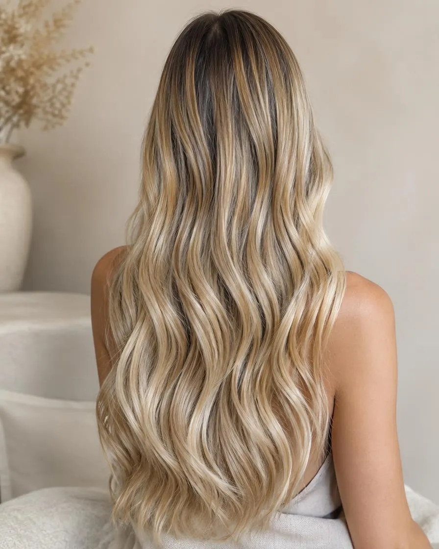 Rooted blonde balayage hair extensions, AI illustration